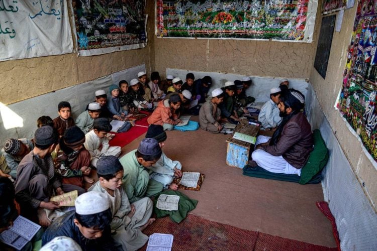 A group of students in a classroom in one of Taliban Madrassas.