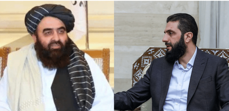 Taliban Foreign Minister Mawlawi Amir Khan Muttaqi (left) and Syrian rebel leader Ahmad Al-Sharaa (right) during a recent meeting, discussing potential collaboration and diplomatic ties between their factions.