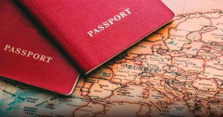 Red passports over a European map symbolize privilege, power, and access—contrasting starkly with the challenges faced by ordinary Afghans seeking similar opportunities.