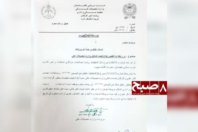 A confidential letter issued by the Taliban's Ministry of Higher Education, ordering a 14% reduction in the ministry’s workforce. (Photo Credit: Exclusive)