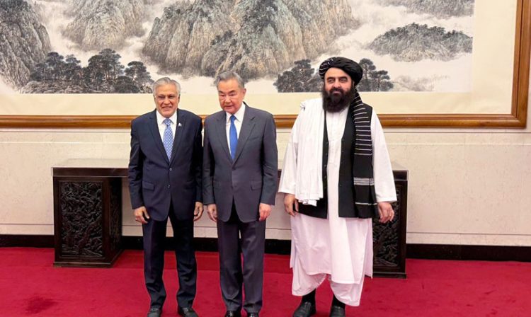 Trilateral summit in Beijing with Pakistan's Foreign Minister Ishaq Dar, China's Foreign Minister Wang Yi, and Taliban's Foreign Minister Amir Khan Muttaqi, focusing on regional stability and cooperation. (Photo Credit: @HafizZiaAhmad)