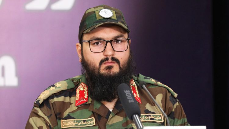 Enayatullah Khwarizmi, spokesperson for the Taliban’s Ministry of Defense, speaks at a press conference. (Photo Credit: Social Media)