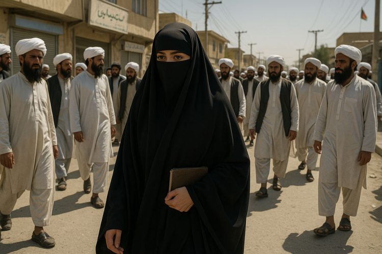 An 18-year-old Afghan girl walks defiantly through a group of Taliban morality police in Kabul, holding a hidden notebook under her black hijab — a silent act of resistance in pursuit of education. (Photo Credit: AI, concept by Farhaad)