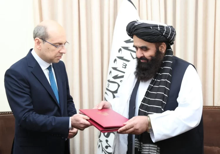 Russian official presenting credentials to Taliban ambassador during the formal recognition ceremony in Moscow on July 3, 2025 (Photo Credit: MoFA_Afg/X)