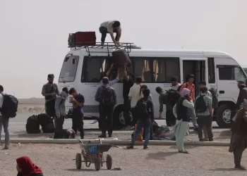 Afghan migrants loading belongings onto a bus during forced expulsion from Iran, July 2025. (Photo Credit: Marjan Wafa (IOM))