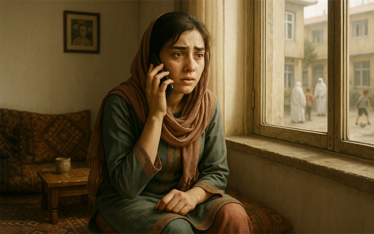 A confined woman speaks on the phone, reflecting Taliban restrictions. (Photo Credit: AI, concept by Farhaad)