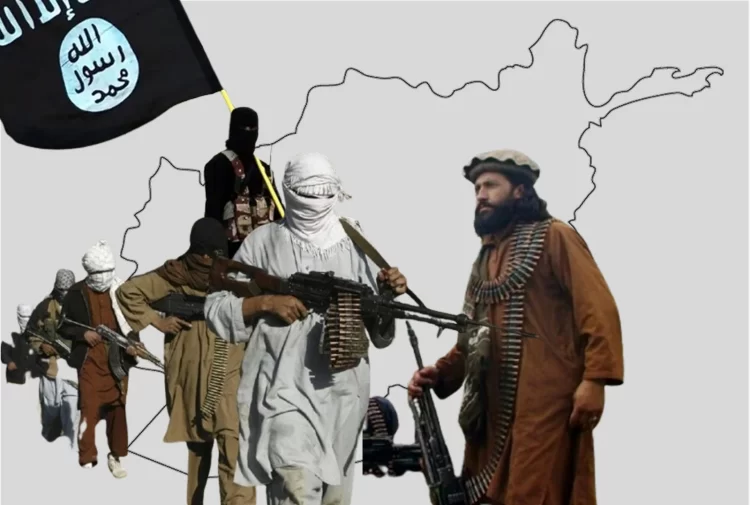 Armed militants, including Daesh and Taliban fighters, are depicted with weapons and a Daesh flag against the outline of Afghanistan, highlighting the ongoing security challenges. (Photo Credit: Social Media)