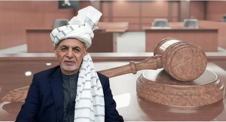 Ashraf Ghani portrayed as a judge wielding a gavel in a courtroom, symbolizing calls for accountability over Afghanistan's collapse. (Photo Credit: Social Media)