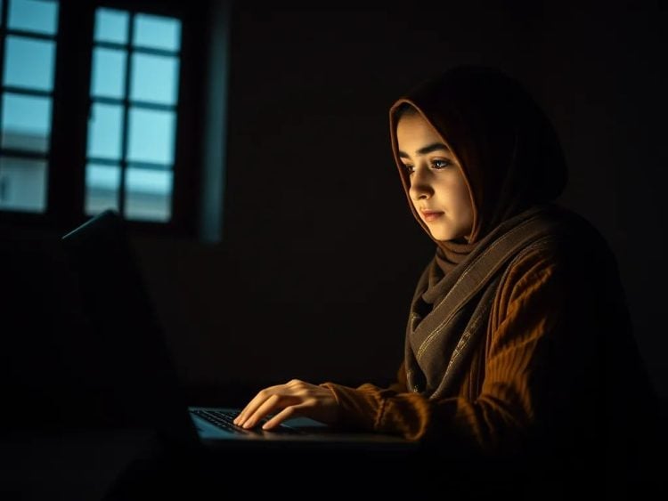 A young Afghan woman works on her laptop in dim lighting, representing the challenges faced by graphic designers and students whose professional futures are threatened by the Taliban's fiber optic internet shutdown across Afghanistan. (Photo Credit: ideasbeyondborders)