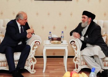 Former U.S. Special Envoy for Afghan Peace Zalmay Khalilzad meets with Gulbuddin Hekmatyar, leader of Hezb-e-Islami Afghanistan, in what appears to be a formal diplomatic setting before their recent public exchange of criticisms. (Photo Credit: Shahadat Media/X)