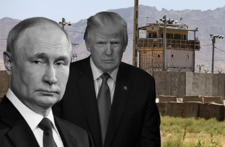 Former U.S. President Donald Trump and Russian President Vladimir Putin are depicted in this composite image against the backdrop of what appears to be a military facility, highlighting the geopolitical tensions surrounding Afghanistan's Bagram Air Base amid Trump's recent threats to reclaim the strategic location. (Photo Credit: Social Media)