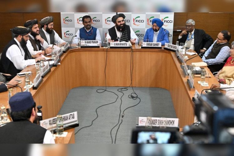 Members of the Afghan Hindu and Sikh community meet with Taliban Foreign Minister Amir Khan Muttaqi at the Afghan Embassy in New Delhi to discuss security guarantees and protection of their properties and religious sites in Afghanistan. (Photo Credit: Shashi Shekhar Kashyap)