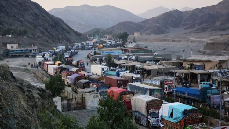 Freight trucks lined up at the Pakistan-Afghanistan border crossing as tensions between the two countries force closure of all border points, halting cross-border trade. (Photo Credit: AP)
