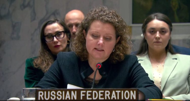 Anna Evstigneeva, Russia's Deputy Permanent Representative to the UN, addresses the Security Council on November 19, 2025, warning about terrorist threats in Afghanistan and abandoned Western weaponry. (Photo Credit: UN web TV)