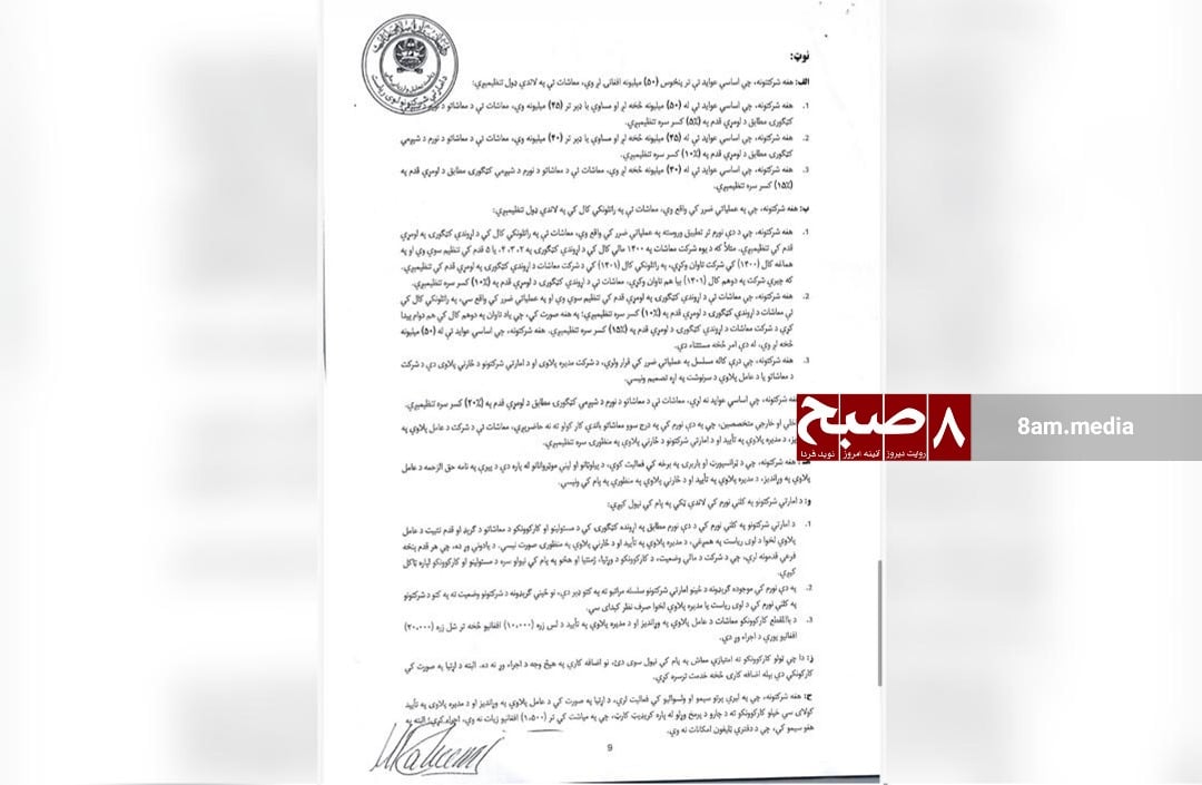 Taliban document detailing salary policy provisions and benefits for state-owned company executives and employees. (Photo Credit: 8am.media)