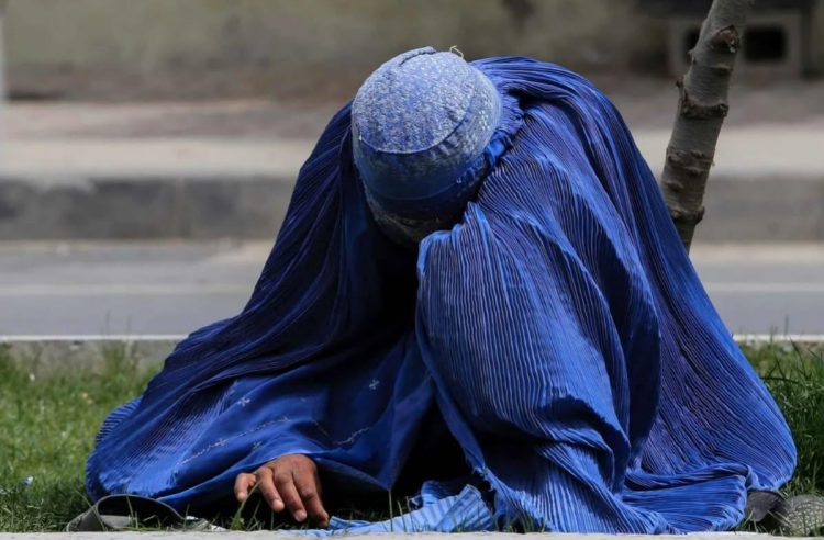 A woman wearing a traditional blue burqa sits on the grass in what appears to be an urban setting. (Photo Credit: Social Media)