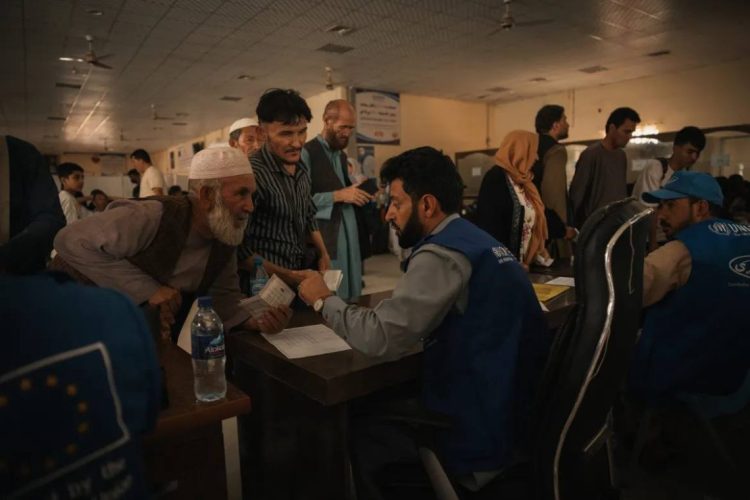 Afghan families register at a reception center after being deported and returning to Afghanistan through border crossings, as thousands continue to be sent back daily from neighboring countries. (Photo Credit: IOM)