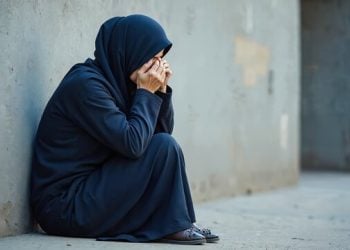 A protesting woman sits in distress after facing violence and displacement following her escape from Taliban detention. (Photo Credit: Adobestock)