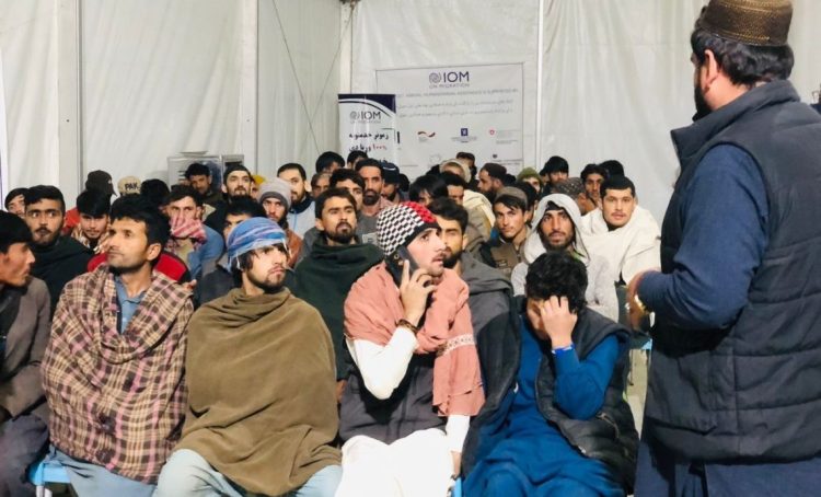 Afghan migrants attend a session organized by the Ministry of Refugees and Repatriation following their release from Pakistani prisons and return to Afghanistan through the Spin Boldak border crossing. (Photo Credit: @MoRRAfg)