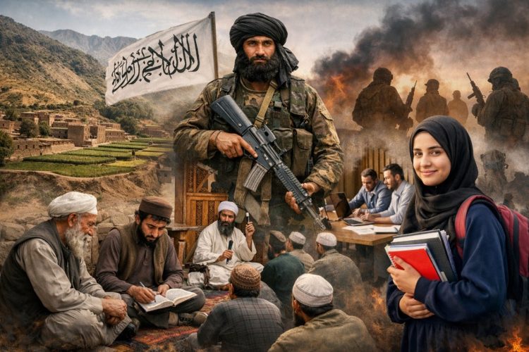 A composite image depicting the complex reality of contemporary Afghanistan: contrasting scenes of armed authority, traditional religious gatherings, conflict, and aspirations for education represent the country's struggle between informal power structures and the hope for institutional development and equal citizenship.