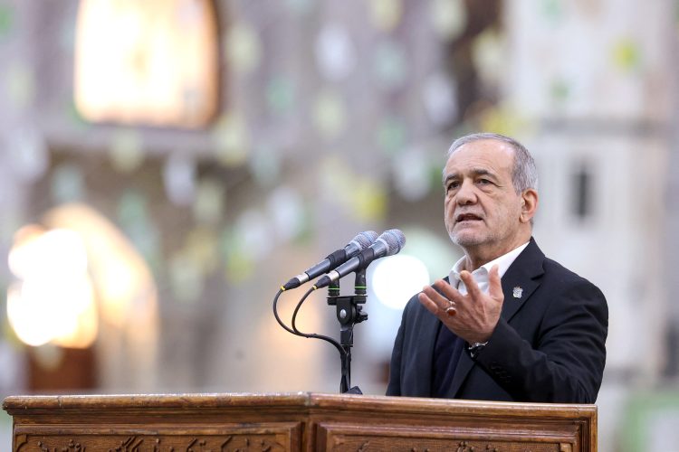 Masoud Pezeshkian, The President of Iran delivering a speech. Photo Credit: HANDOUT / IRANIAN PRESIDENCY / AFP