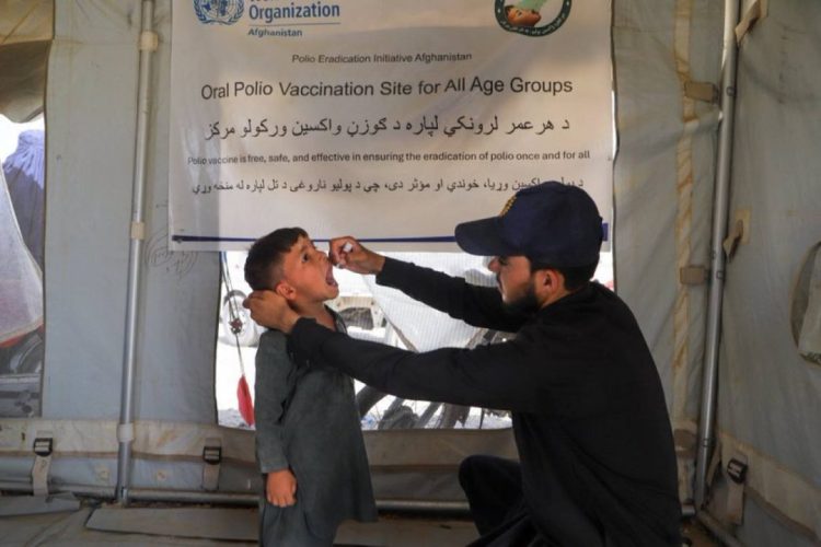 A health worker administers oral polio vaccine to a child at a vaccination site under the Polio Eradication Initiative Afghanistan program, as part of efforts to protect children from the disease in various parts of the country. (Photo Credit: @PolioFreeAfghan)