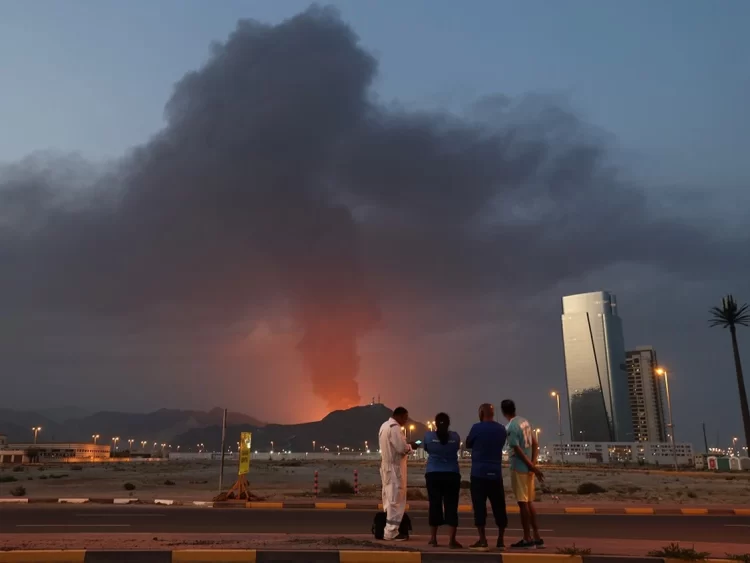 Bystanders watch as a massive fire and thick smoke billow into the sky following a suspected Iranian drone strike near the US Embassy compound in Riyadh, Saudi Arabia. (Photo Credit: Getty Images)