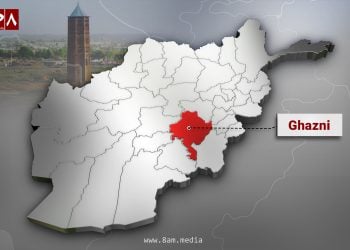 Ghazni province map in red inside a 3D map of Afghanistan.