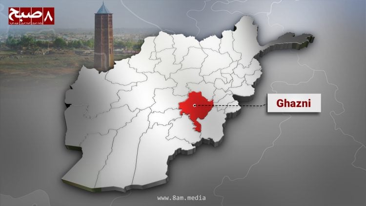 Ghazni province map in red inside a 3D map of Afghanistan.
