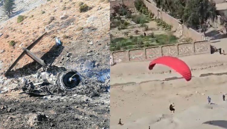 The wreckage of a Russian firefighting aircraft that crashed in Turkey in 2021 (left), falsely circulated by Taliban-controlled media as a downed Pakistani fighter jet, alongside footage of a parachutist landing in Jalalabad (right), who was mistakenly detained and tortured by the Taliban as a supposed Pakistani pilot. (Photo Credit: Social Media)