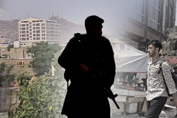 A silhouette of an armed individual overlays a street scene in Kabul, reflecting rising security concerns among residents. (Photo Credit: Exclusive)