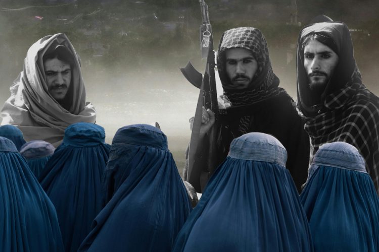 Montage of Afghan women with Taliban fighters in the background reflecting conflict and transition debates. Photo Credit: Exclusive + Pexels