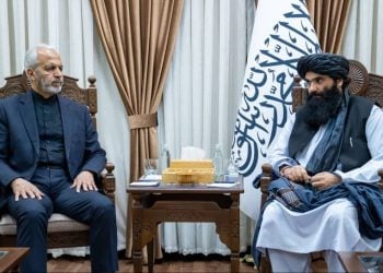 Sirajuddin Haqqani, Taliban Minister of Interior, meets with Iranian Ambassador Ali Reza Bikdeli in Kabul. (Photo Credit: @IRANinKabul)
