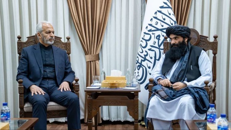 Sirajuddin Haqqani, Taliban Minister of Interior, meets with Iranian Ambassador Ali Reza Bikdeli in Kabul. (Photo Credit: @IRANinKabul)