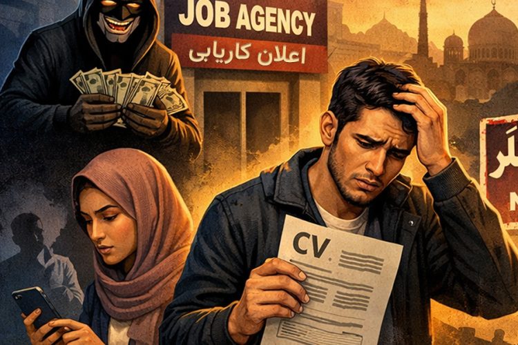 A distressed job seeker holds a CV while a fraudulent recruiter lurks behind, symbolizing scams targeting unemployed youth in Kabul. (Photo Credit: AI | Representational)