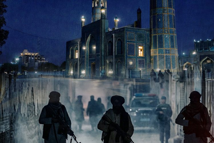 Graphical edit of Ali shrine in Mazar with armed Taliban forces (Photo Credit: Exclusive / Pexels)