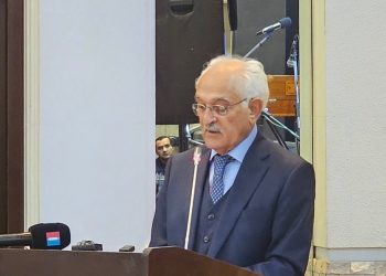 Rangin Dadfar Spanta speaking on stage during an event (Photo Credit: NKiannia_Heravi)
