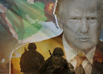 Trump portrait with flags and military personnel symbolizing geopolitical crisis (Photo Credit: Exclusive)