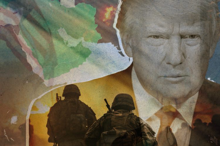 Trump portrait with flags and military personnel symbolizing geopolitical crisis (Photo Credit: Exclusive)