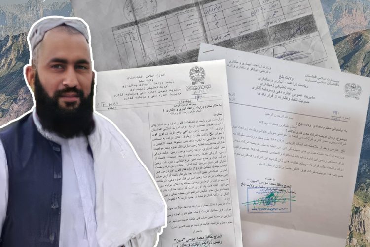 Wilayat Khan with land documents illustrating alleged land seizure and administrative actions in Balkh Province. (Photo Credit: Exclusive)