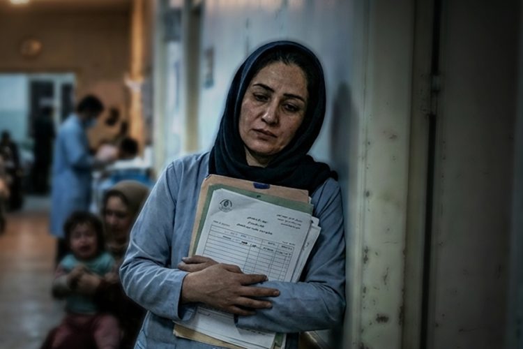 A female nurse stands exhausted in a hospital corridor in Afghanistan, clutching patient files as the weight of an understaffed and overstretched health system shows on her face. (Photo Credit: Freepik / Pexels)