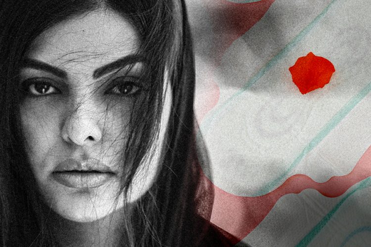 A young woman stares into the lens beside a symbolic illustration of a sanitary pad, reflecting the stigma Afghan girls face around menstruation. (Photo credit: Pexels)