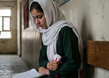 A young Afghan schoolgirl stands alone in a school hallway, holding a notebook and a sanitary pad, reflecting the silence and shame surrounding menstruation in Afghan schools. (Photo Credit: AI)