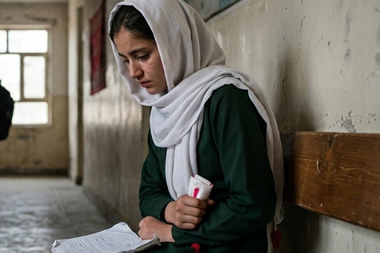 A young Afghan schoolgirl stands alone in a school hallway, holding a notebook and a sanitary pad, reflecting the silence and shame surrounding menstruation in Afghan schools. (Photo Credit: AI)