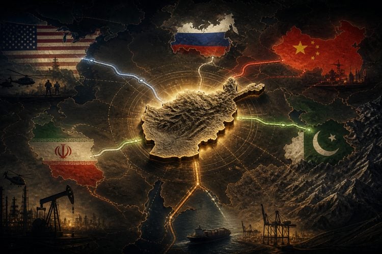 A geopolitical map illustrates Afghanistan at the center of competing global powers, with the flags of the United States, Russia, China, Iran, and Pakistan surrounding it, connected by glowing strategic corridors. (Photo Credit: AI)