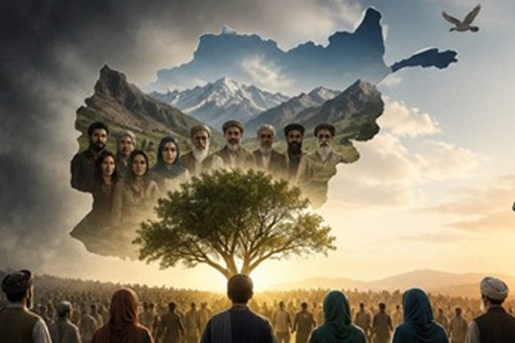 A symbolic illustration of Afghanistan shows its diverse peoples and landscapes standing together as a crowd looks toward a shared future. (Photo credit: AI)