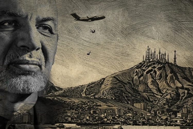 A composite image depicts Ashraf Ghani against a sketch of Kabul's skyline, with a military aircraft and falling figures overhead, symbolizing the collapse of the republic on August 15, 2021. (Photo Credit: Exclusive / Social Media)