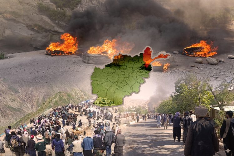 Protesters block a mountain road in Badakhshan with burning tires as residents rally against Taliban poppy eradication and mining operations.