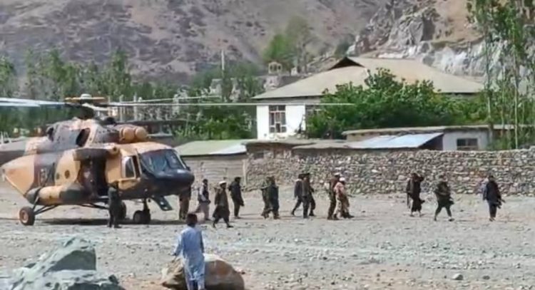Taliban Army Chief Fasihuddin and his delegation disembark a helicopter upon arriving in Nusay District, Badakhshan, to assess escalating tensions over gold mining operations. (Photo Credit: Exclusive)