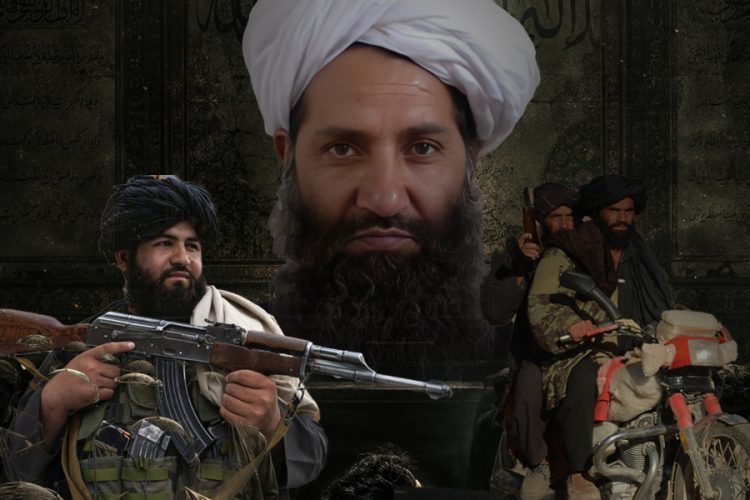 Taliban Supreme Leader Hibatullah Akhundzada looms over armed Taliban fighters in a composite image reflecting the group's culture of absolute authority and armed enforcement. (Photo Credit: AFP)